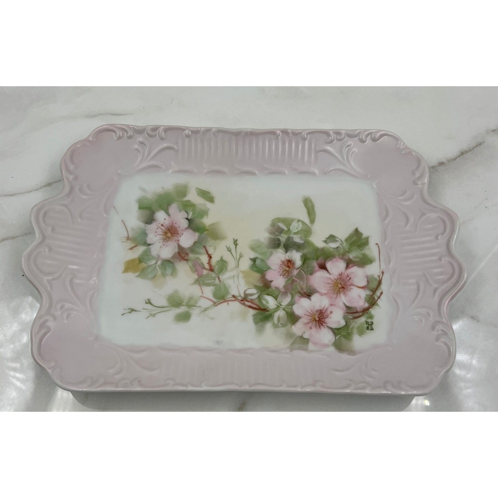 Vintage Hand Painted Floral Porcelain Tray Pink Scalloped Edge Signed NF 82